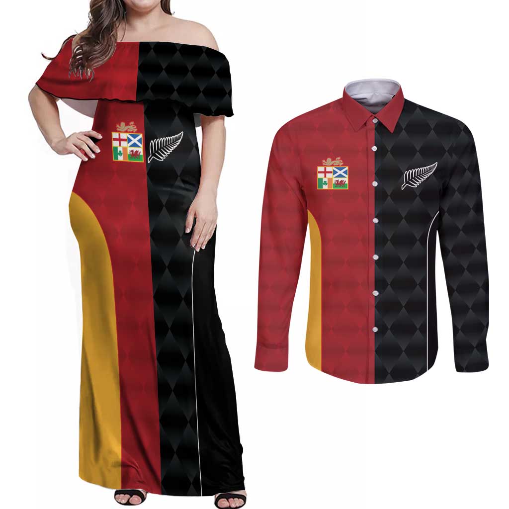 Custom British Lions New Zealand Couples Matching Off Shoulder Maxi Dress and Long Sleeve Button Shirt Sporty Style