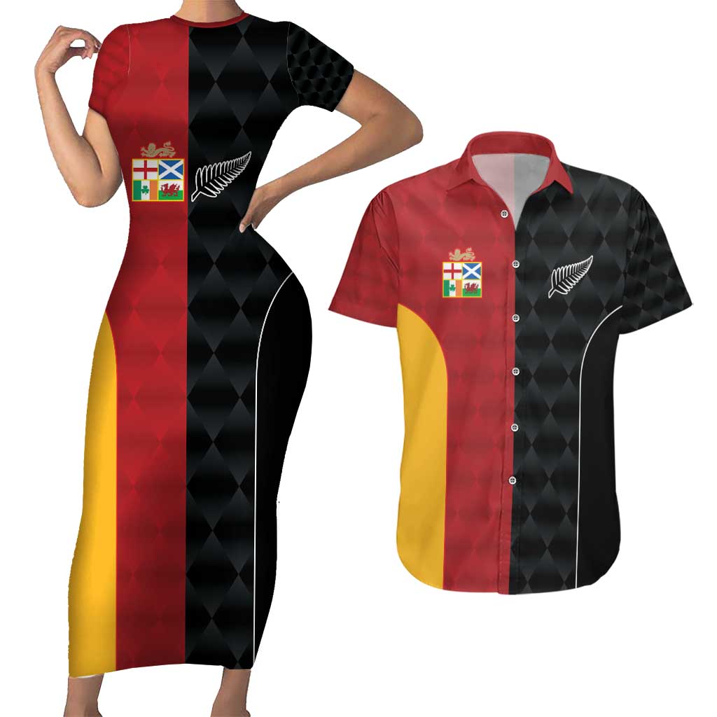 Custom British Lions New Zealand Couples Matching Short Sleeve Bodycon Dress and Hawaiian Shirt Sporty Style