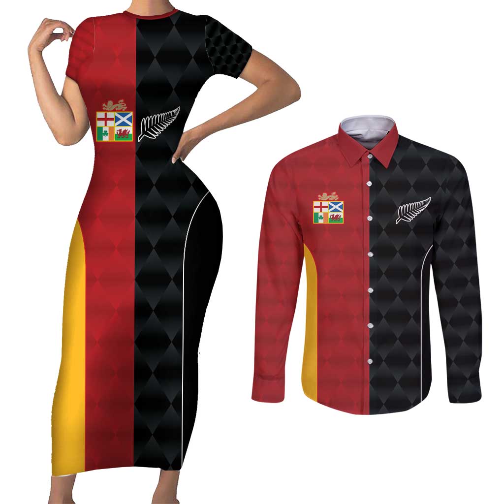Custom British Lions New Zealand Couples Matching Short Sleeve Bodycon Dress and Long Sleeve Button Shirt Sporty Style