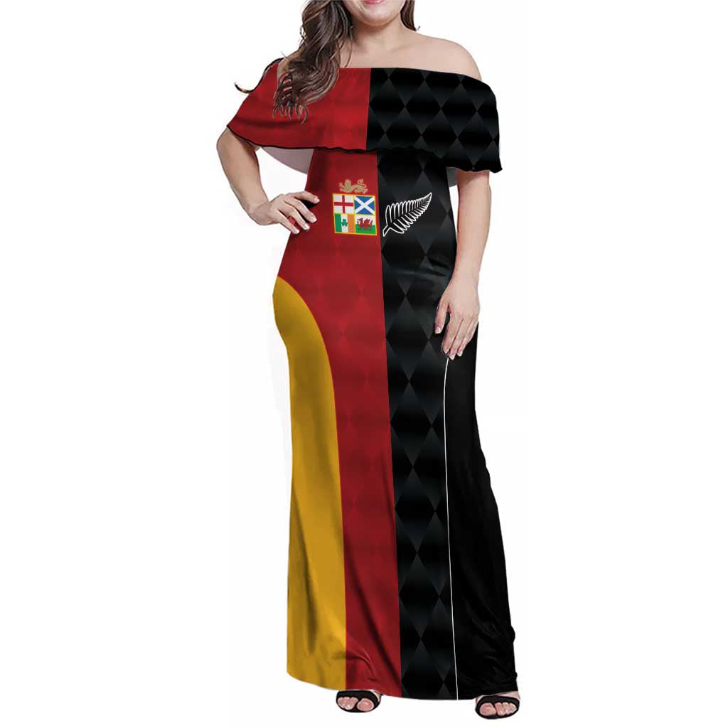 Custom British Lions New Zealand Family Matching Off Shoulder Maxi Dress and Hawaiian Shirt Sporty Style LT9 Mom's Dress Black - Polynesian Pride