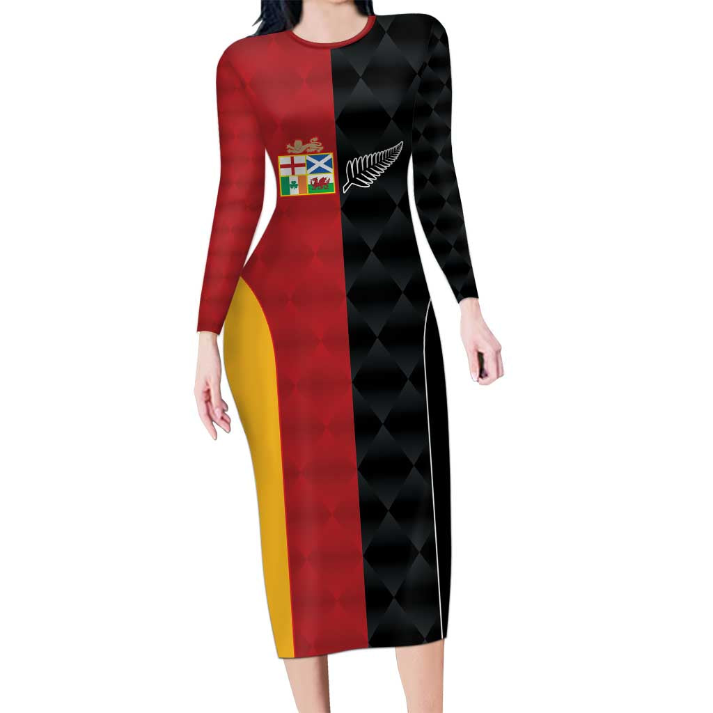 Custom British Lions New Zealand Long Sleeve Bodycon Dress Sporty Style LT9 Long Dress Black - Polynesian Pride