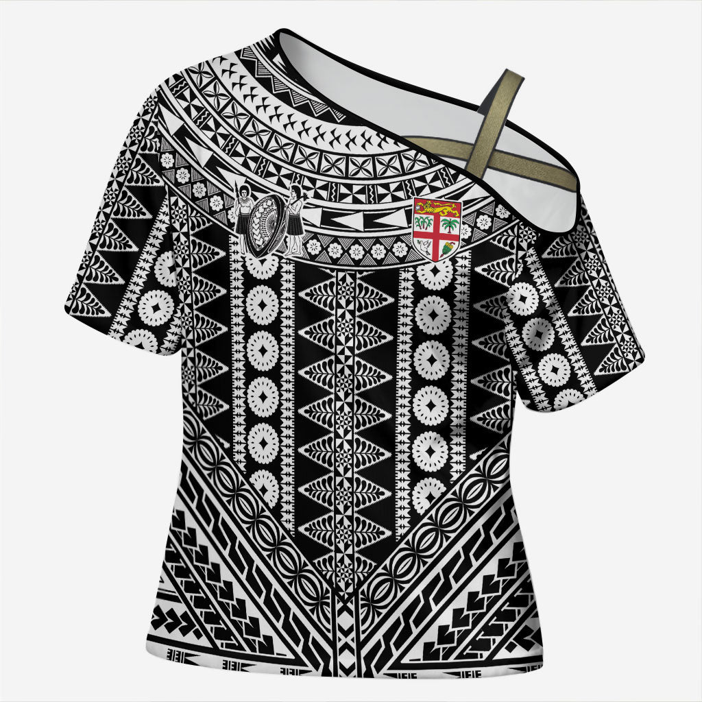 Fiji Custom Rugby National Heritage Cross Shoulder Shirt Black Traditional Masi Inspired LT9 Female Black - Polynesian Pride