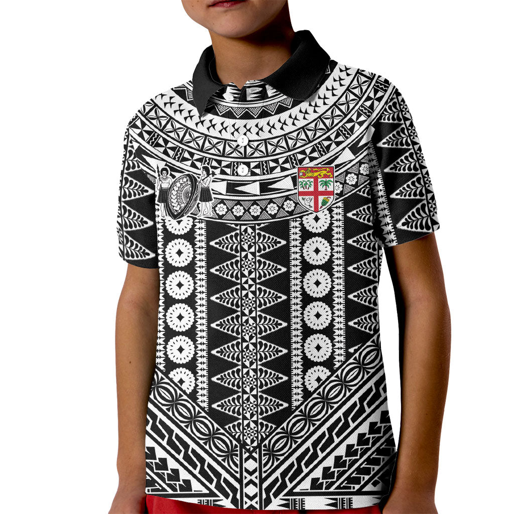 Fiji Custom Rugby National Heritage Kid Polo Shirt Black Traditional Masi Inspired LT9 Kid Black - Polynesian Pride