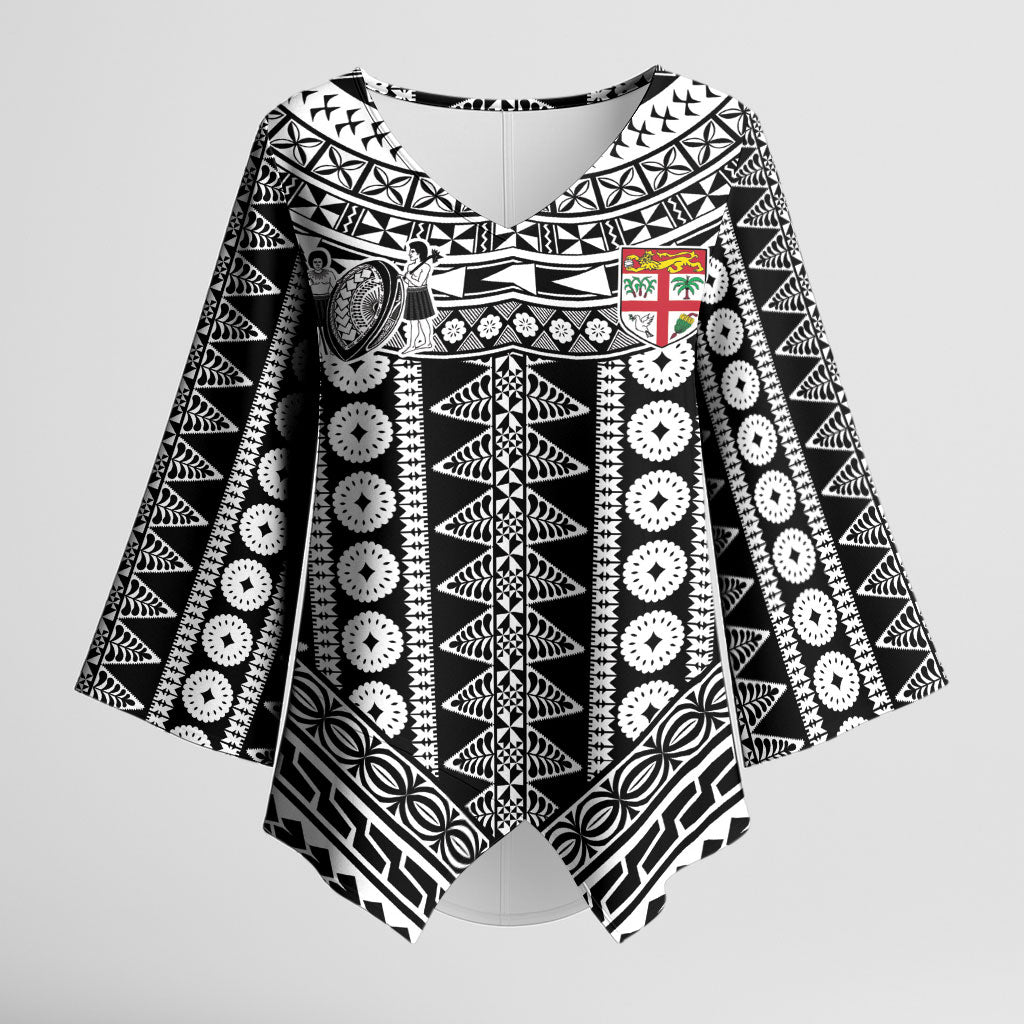 Fiji Custom Rugby National Heritage Kimono Sleeve Blouse Black Traditional Masi Inspired LT9 Female Black - Polynesian Pride