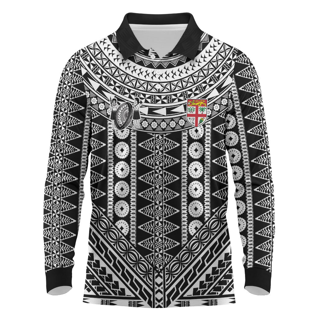 Fiji Custom Rugby National Heritage Long Sleeve Polo Shirt Black Traditional Masi Inspired LT9 Black - Polynesian Pride