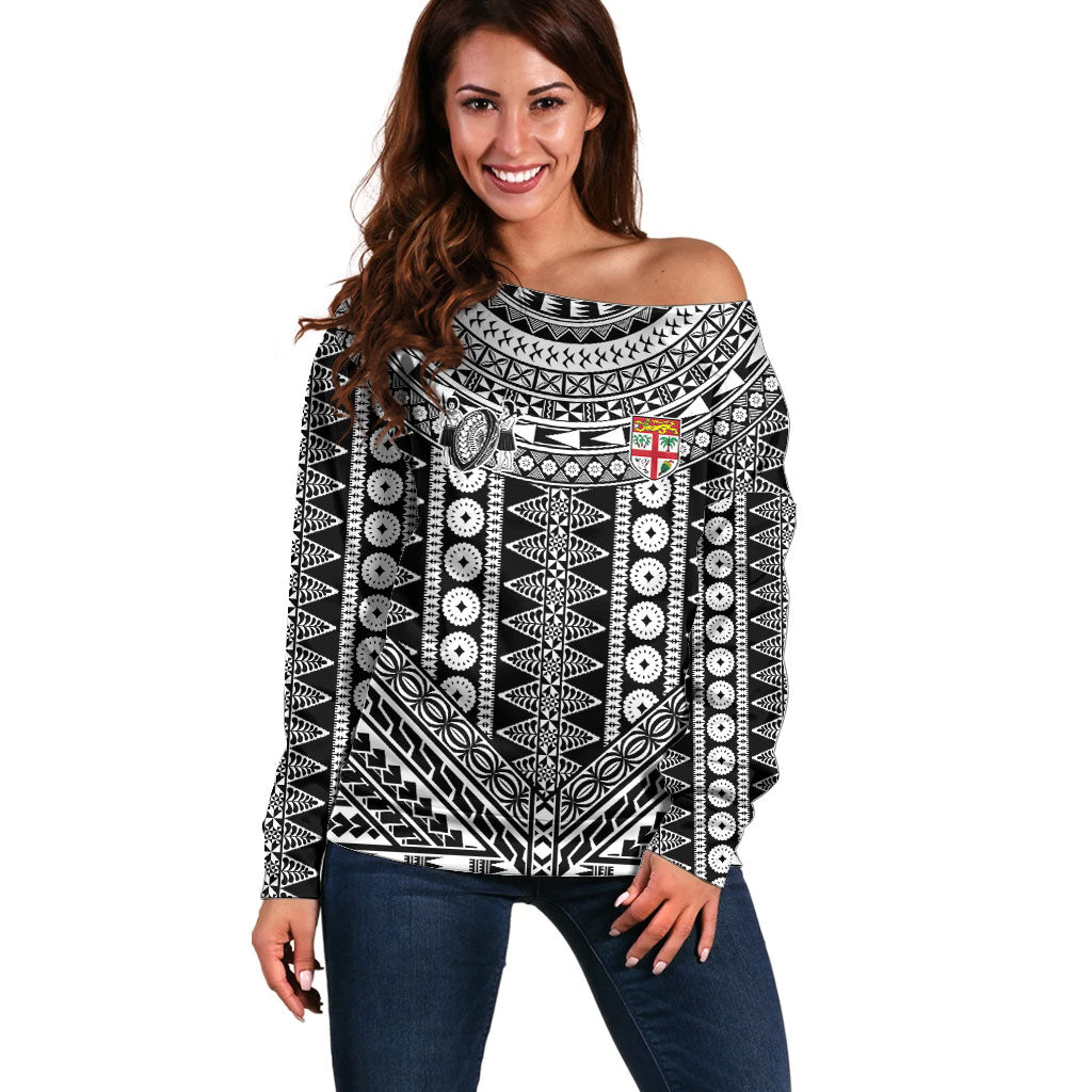 Fiji Custom Rugby National Heritage Off Shoulder Sweater Black Traditional Masi Inspired LT9 Women Black - Polynesian Pride