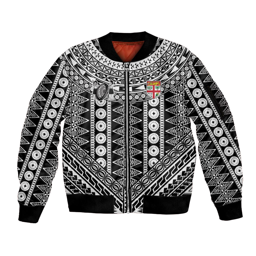 Fiji Custom Rugby National Heritage Sleeve Zip Bomber Jacket Black Traditional Masi Inspired LT9 Unisex Black - Polynesian Pride