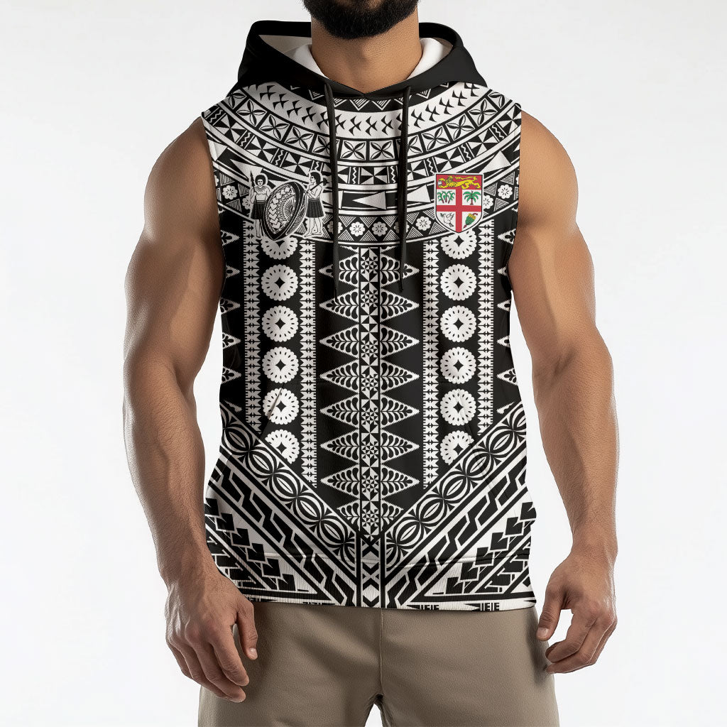 Fiji Custom Rugby National Heritage Sleeveless Hoodie Black Traditional Masi Inspired