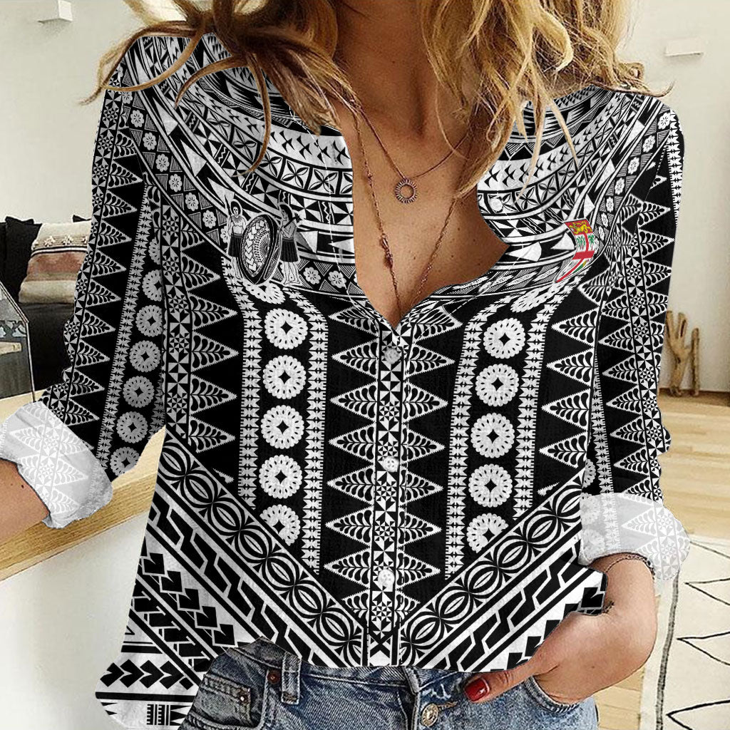 Fiji Custom Rugby National Heritage Women Casual Shirt Black Traditional Masi Inspired LT9 Female Black - Polynesian Pride