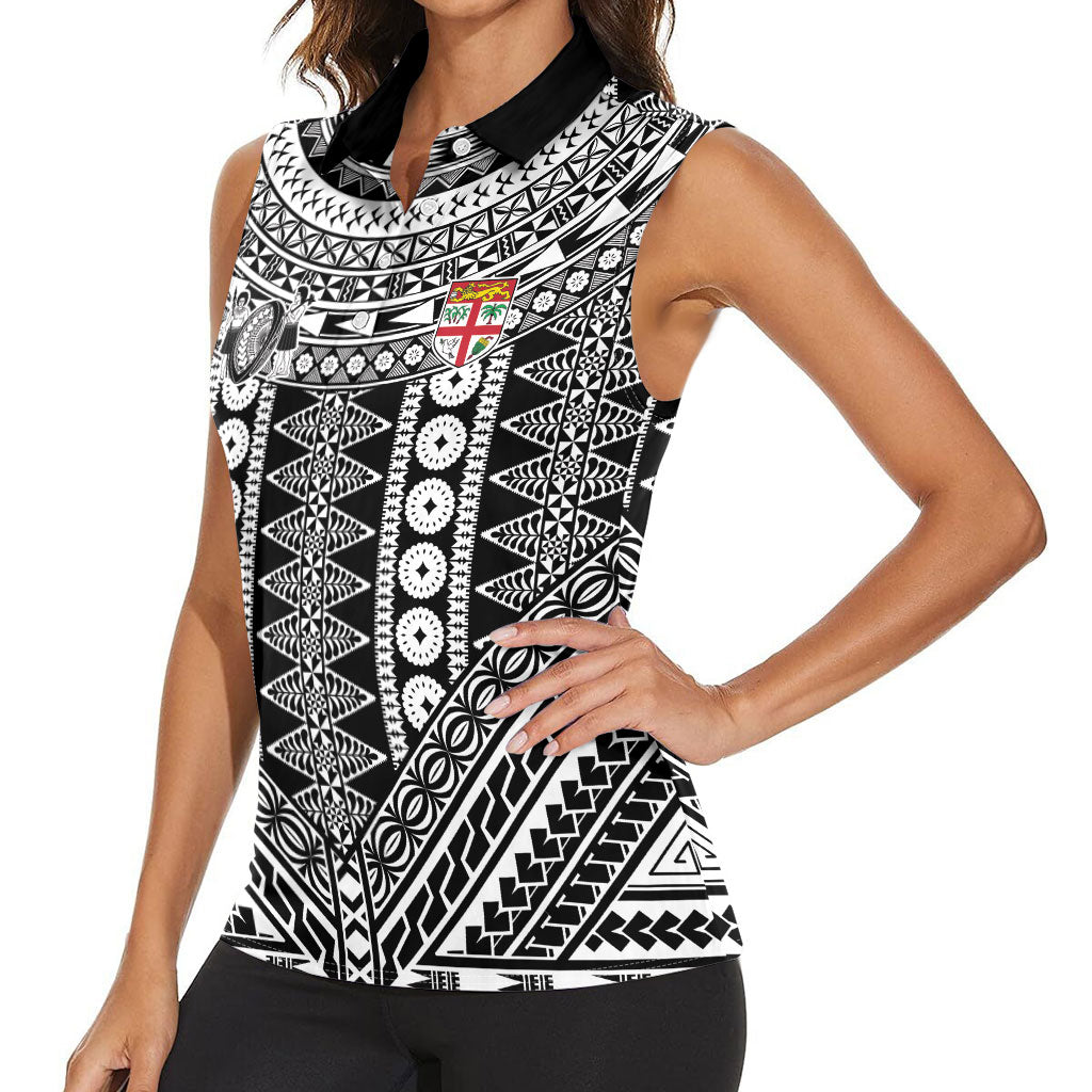 Fiji Custom Rugby National Heritage Women Sleeveless Polo Shirt Black Traditional Masi Inspired