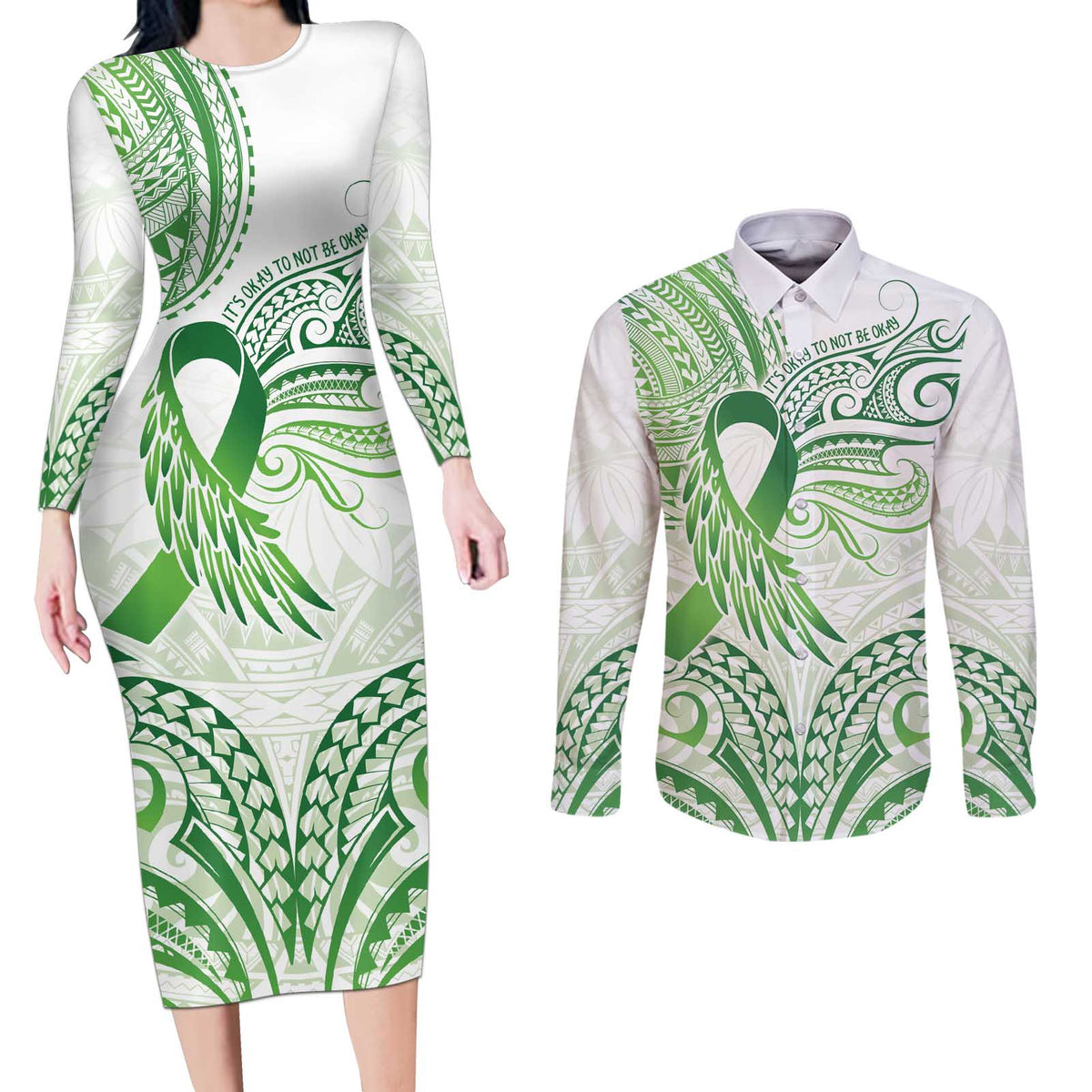 Its Okay Green Ribbon Personalised Couples Matching Long Sleeve Bodycon Dress and Long Sleeve Button Shirt Polynesian Depression Awareness LT9 Green - Polynesian Pride