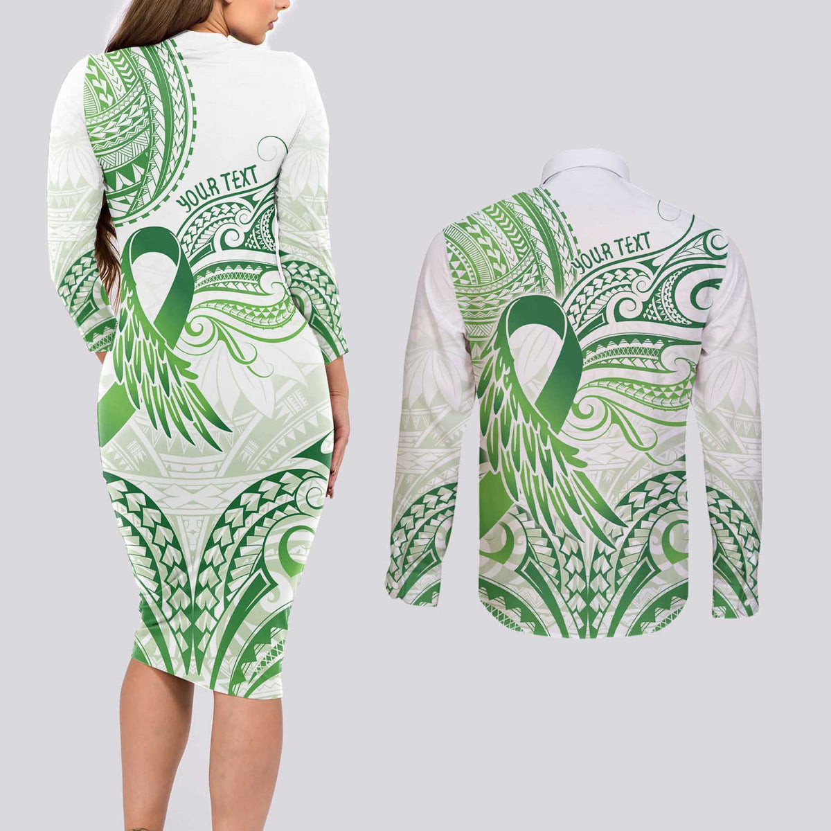 Its Okay Green Ribbon Personalised Couples Matching Long Sleeve Bodycon Dress and Long Sleeve Button Shirt Polynesian Depression Awareness LT9 - Polynesian Pride