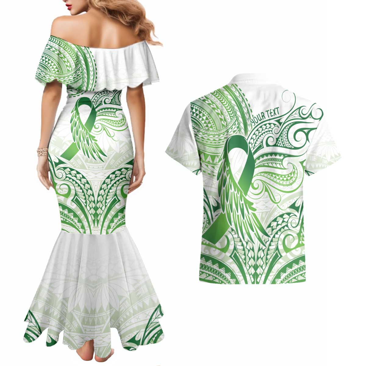 Its Okay Green Ribbon Personalised Couples Matching Mermaid Dress and Hawaiian Shirt Polynesian Depression Awareness LT9 - Polynesian Pride