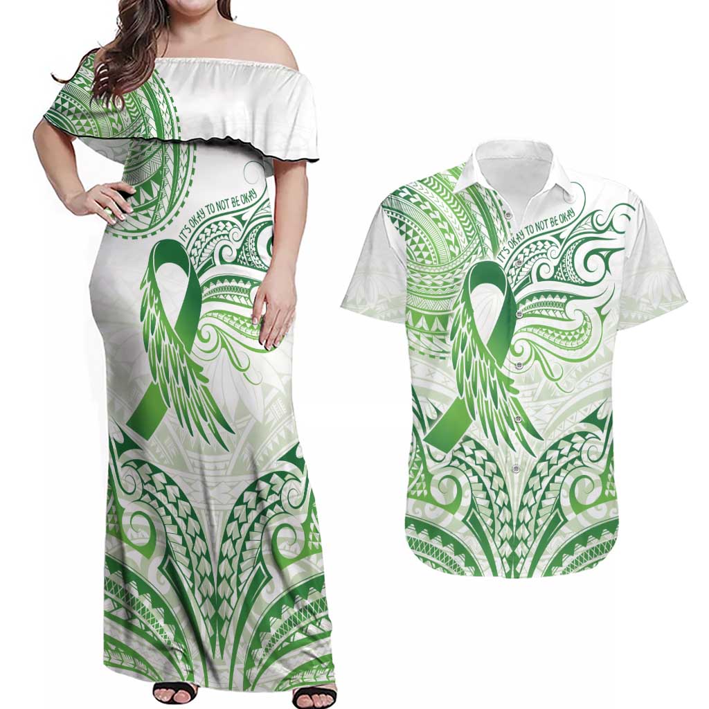 Its Okay Green Ribbon Personalised Couples Matching Off Shoulder Maxi Dress and Hawaiian Shirt Polynesian Depression Awareness LT9 Green - Polynesian Pride