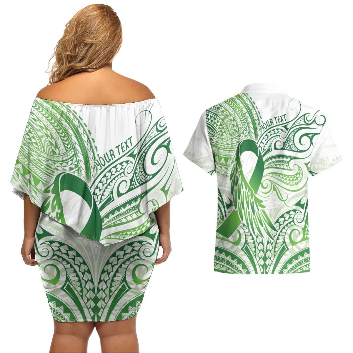 Its Okay Green Ribbon Personalised Couples Matching Off Shoulder Short Dress and Hawaiian Shirt Polynesian Depression Awareness LT9 - Polynesian Pride