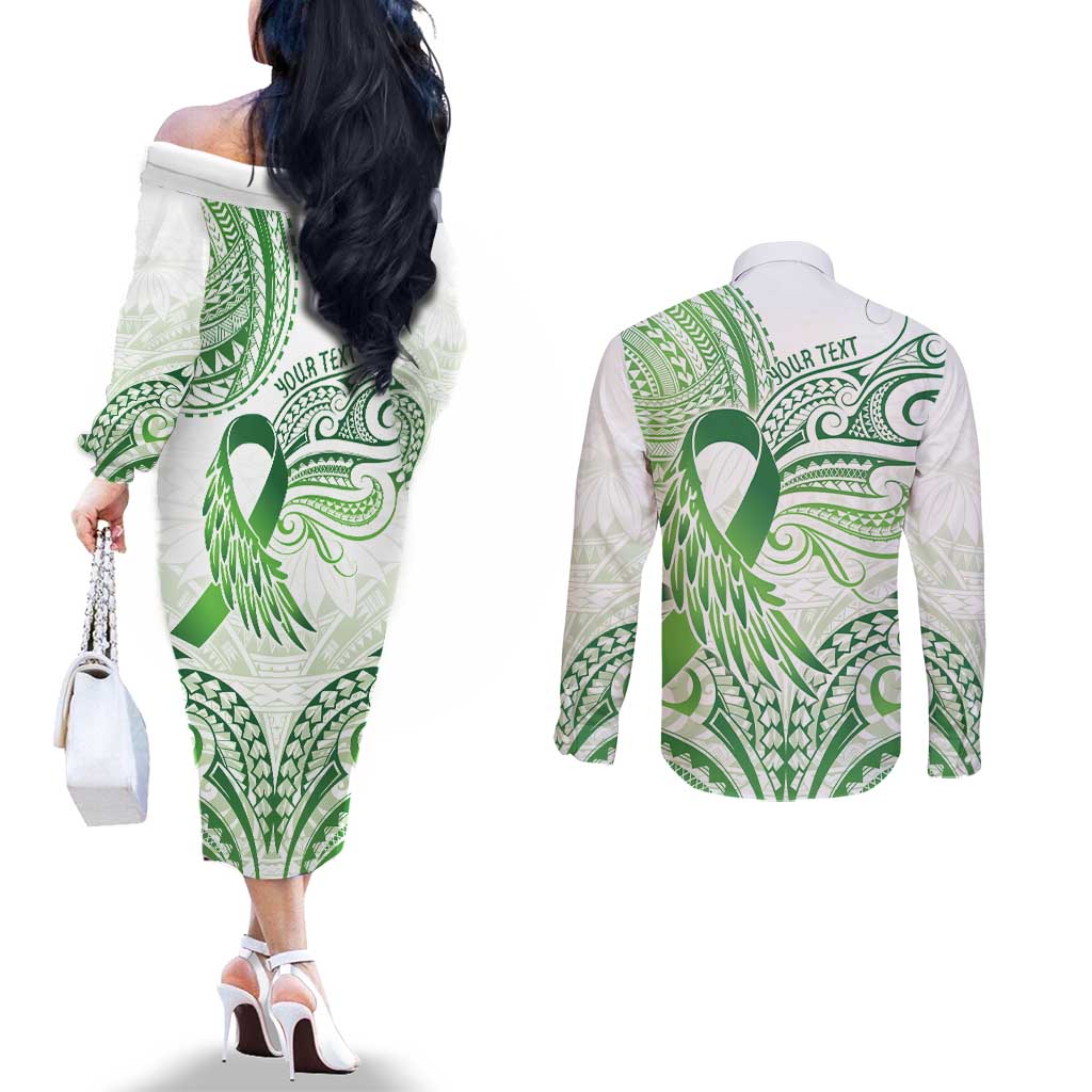 Its Okay Green Ribbon Personalised Couples Matching Off The Shoulder Long Sleeve Dress and Long Sleeve Button Shirt Polynesian Depression Awareness LT9 - Polynesian Pride