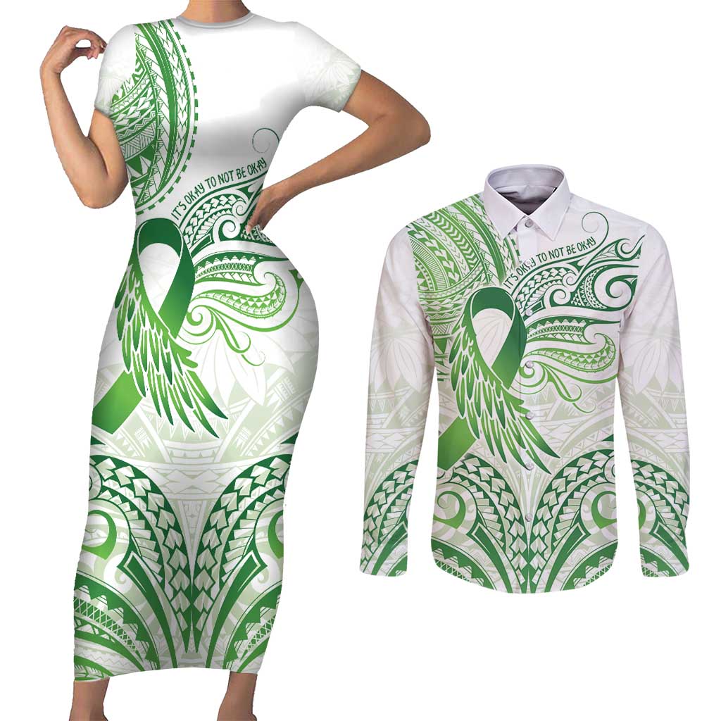Its Okay Green Ribbon Personalised Couples Matching Short Sleeve Bodycon Dress and Long Sleeve Button Shirt Polynesian Depression Awareness LT9 Green - Polynesian Pride