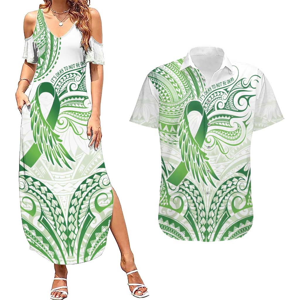Its Okay Green Ribbon Personalised Couples Matching Summer Maxi Dress and Hawaiian Shirt Polynesian Depression Awareness LT9 Green - Polynesian Pride
