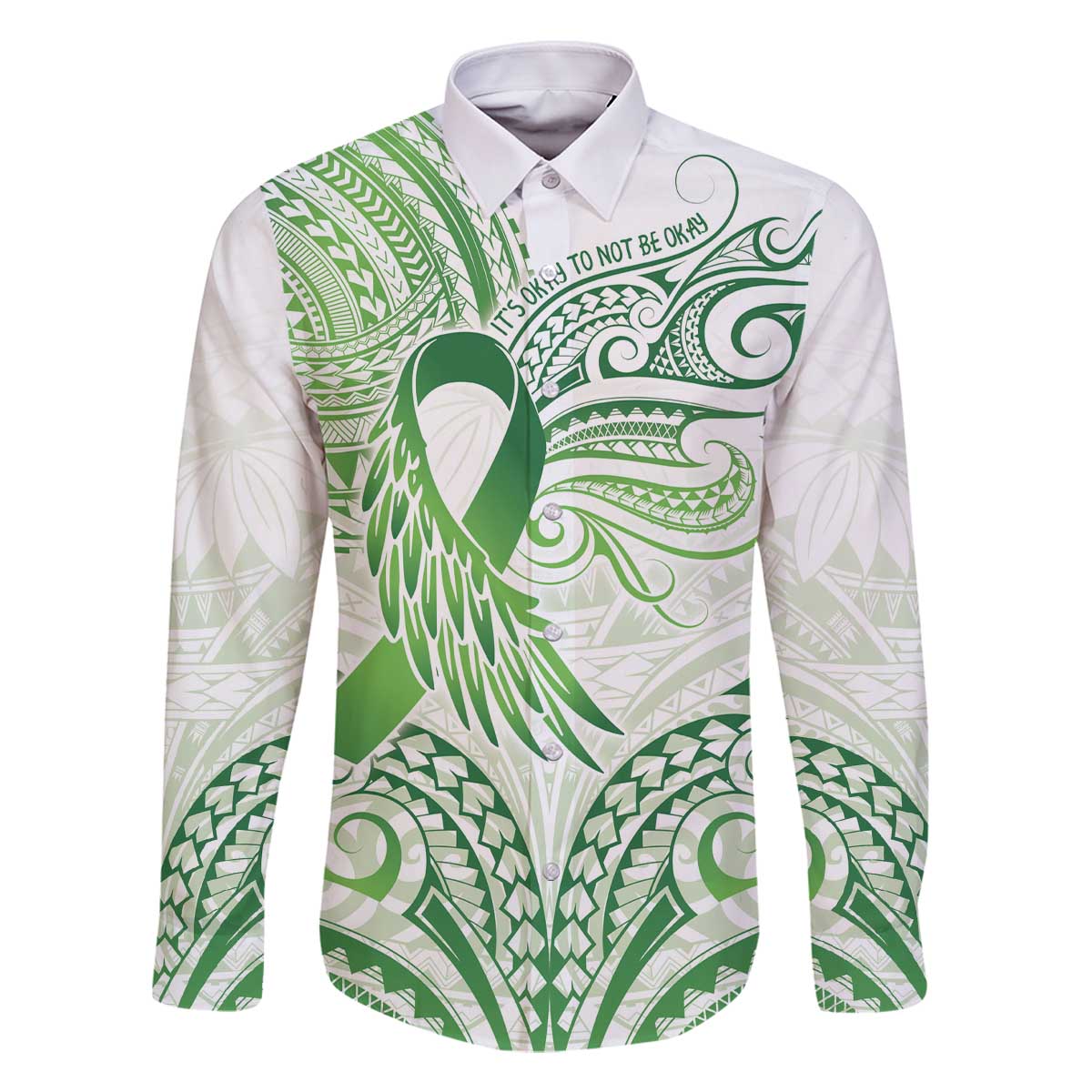 Its Okay Green Ribbon Personalised Family Matching Off The Shoulder Long Sleeve Dress and Hawaiian Shirt Polynesian Depression Awareness LT9 Dad's Shirt - Long Sleeve Green - Polynesian Pride