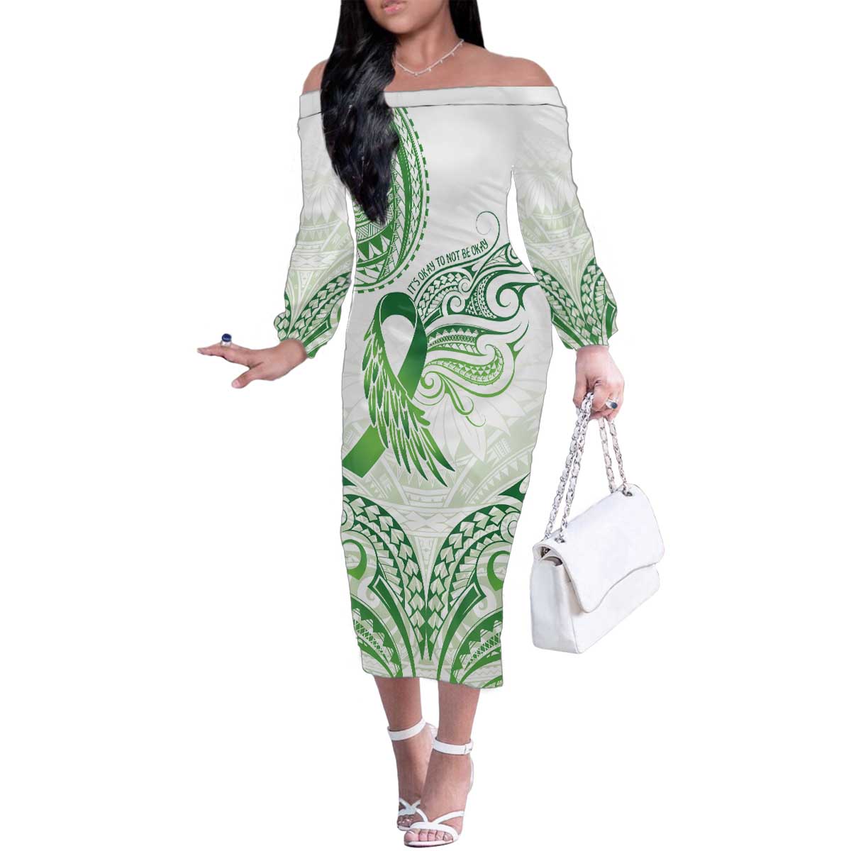Its Okay Green Ribbon Personalised Family Matching Off The Shoulder Long Sleeve Dress and Hawaiian Shirt Polynesian Depression Awareness LT9 Mom's Dress Green - Polynesian Pride
