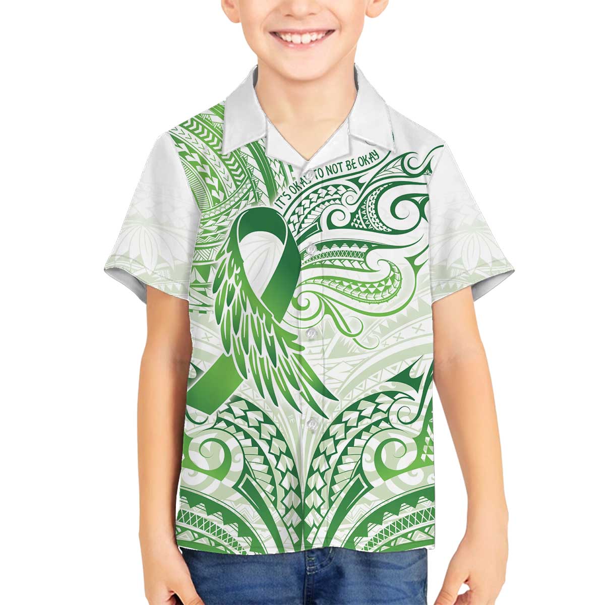 Its Okay Green Ribbon Personalised Family Matching Off The Shoulder Long Sleeve Dress and Hawaiian Shirt Polynesian Depression Awareness LT9 Son's Shirt Green - Polynesian Pride