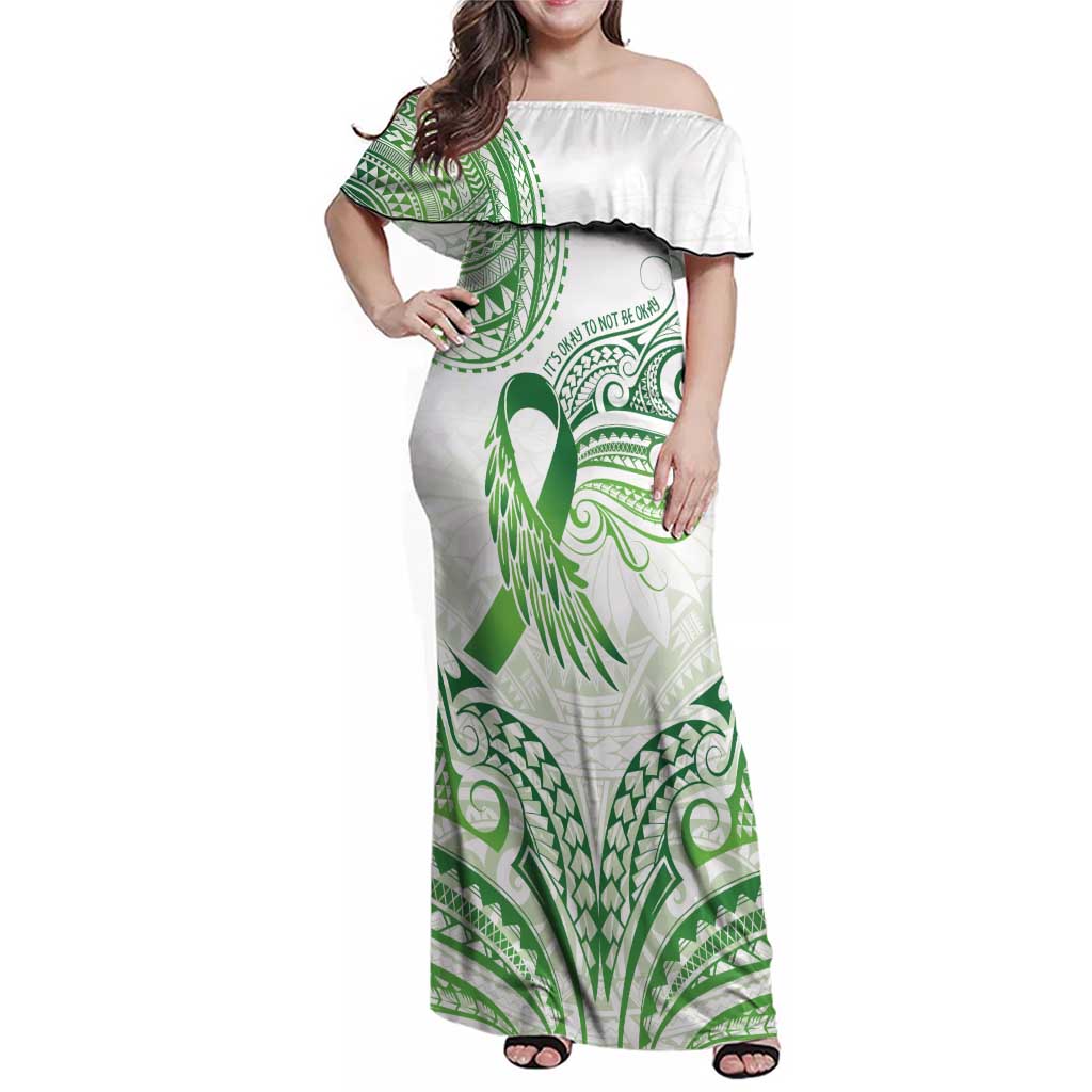 Its Okay Green Ribbon Personalised Family Matching Off Shoulder Maxi Dress and Hawaiian Shirt Polynesian Depression Awareness LT9 Mom's Dress Green - Polynesian Pride