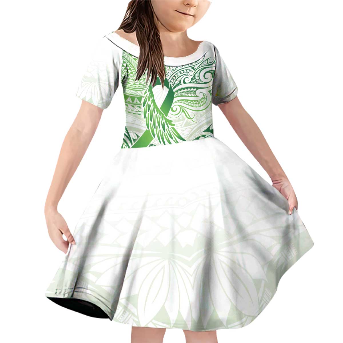 Its Okay Green Ribbon Personalised Family Matching Off Shoulder Short Dress and Hawaiian Shirt Polynesian Depression Awareness LT9 Daughter's Dress Green - Polynesian Pride