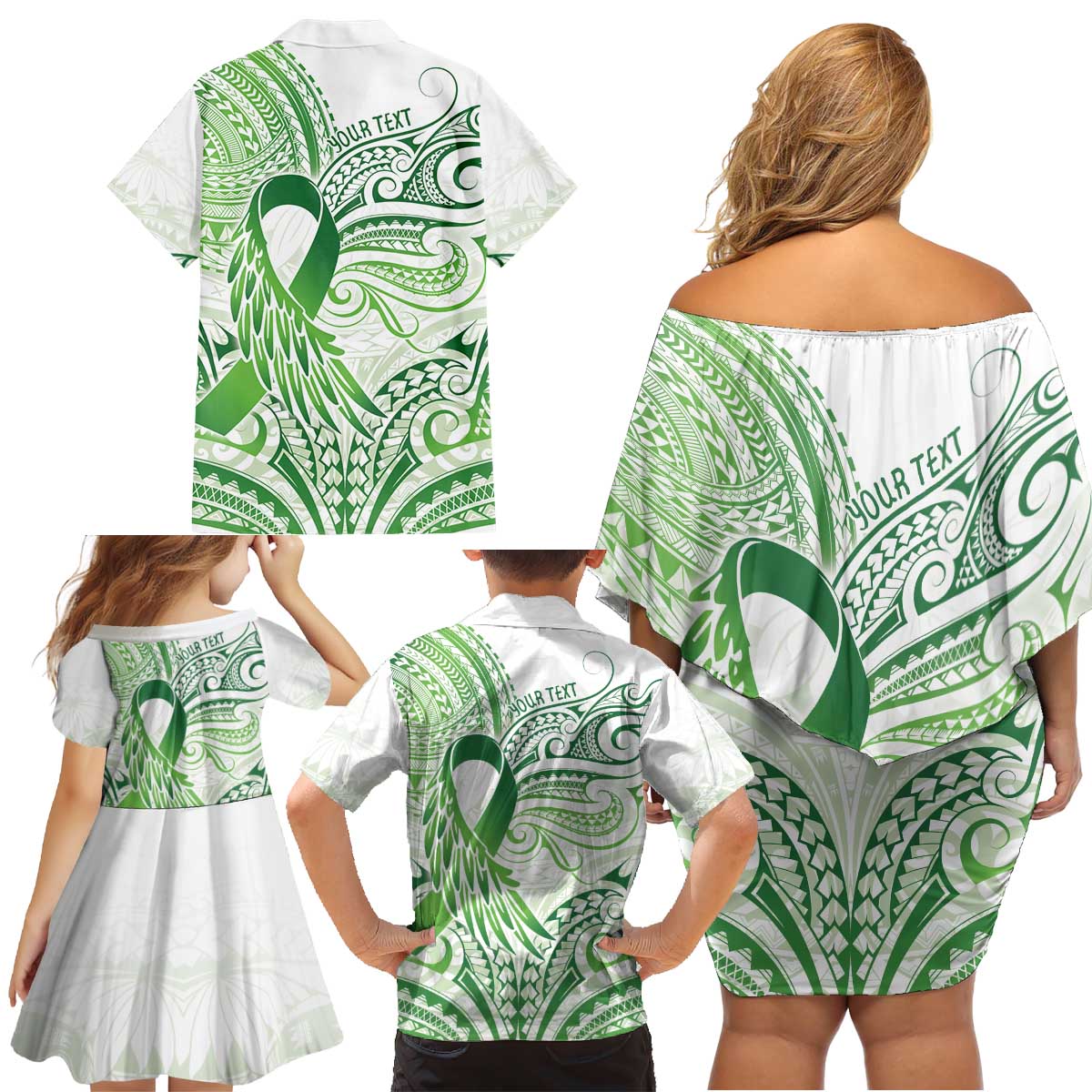 Its Okay Green Ribbon Personalised Family Matching Off Shoulder Short Dress and Hawaiian Shirt Polynesian Depression Awareness LT9 - Polynesian Pride