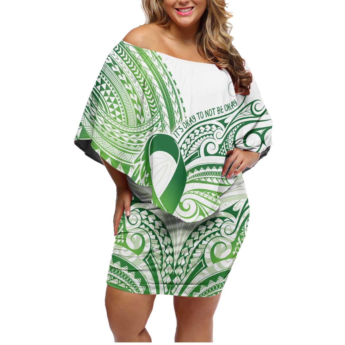 Its Okay Green Ribbon Personalised Family Matching Off Shoulder Short Dress and Hawaiian Shirt Polynesian Depression Awareness LT9 Mom's Dress Green - Polynesian Pride
