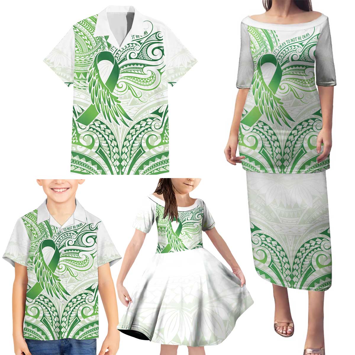 Its Okay Green Ribbon Personalised Family Matching Puletasi and Hawaiian Shirt Polynesian Depression Awareness LT9 - Polynesian Pride