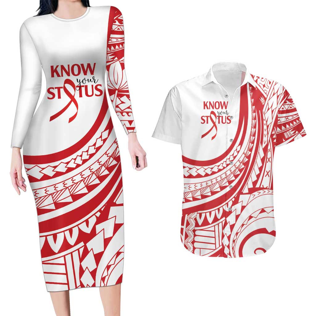 Know Your Status Red Ribbon Personalised Couples Matching Long Sleeve Bodycon Dress and Hawaiian Shirt Polynesian AIDS Awareness LT9 Red - Polynesian Pride