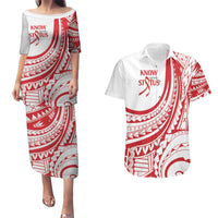 Know Your Status Red Ribbon Personalised Couples Matching Puletasi and Hawaiian Shirt Polynesian AIDS Awareness