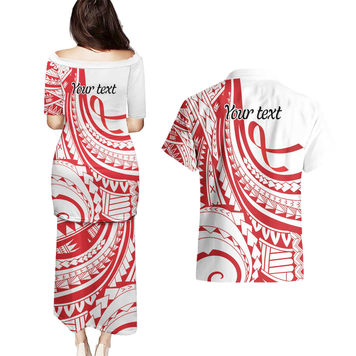 Know Your Status Red Ribbon Personalised Couples Matching Puletasi and Hawaiian Shirt Polynesian AIDS Awareness