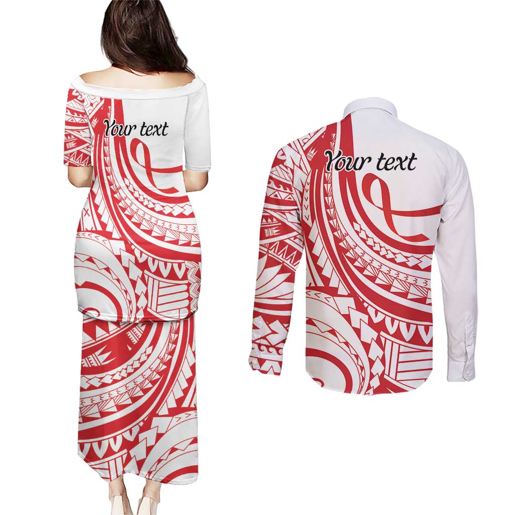 Know Your Status Red Ribbon Personalised Couples Matching Puletasi and Long Sleeve Button Shirt Polynesian AIDS Awareness