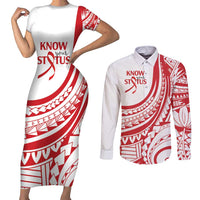 Know Your Status Red Ribbon Personalised Couples Matching Short Sleeve Bodycon Dress and Long Sleeve Button Shirt Polynesian AIDS Awareness
