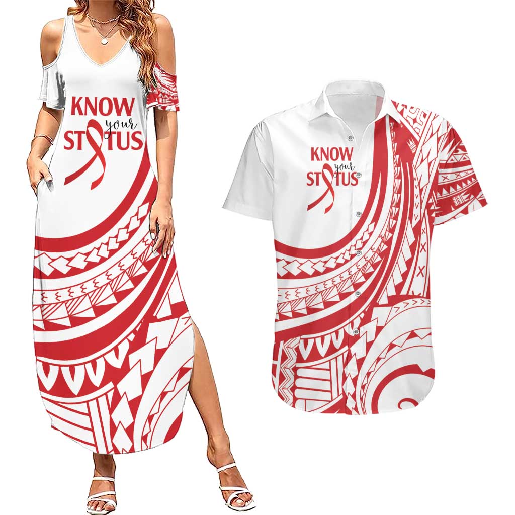 Know Your Status Red Ribbon Personalised Couples Matching Summer Maxi Dress and Hawaiian Shirt Polynesian AIDS Awareness