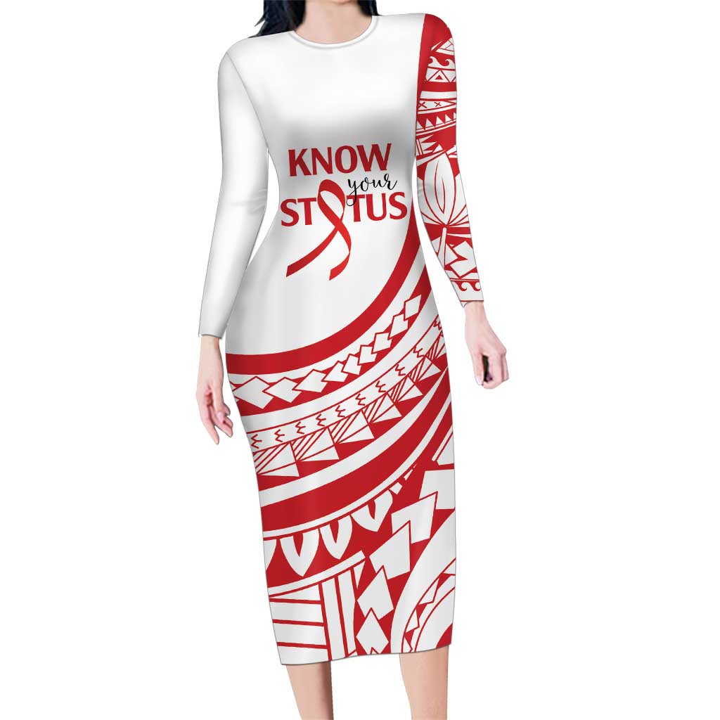 Know Your Status Red Ribbon Personalised Family Matching Long Sleeve Bodycon Dress and Hawaiian Shirt Polynesian AIDS Awareness