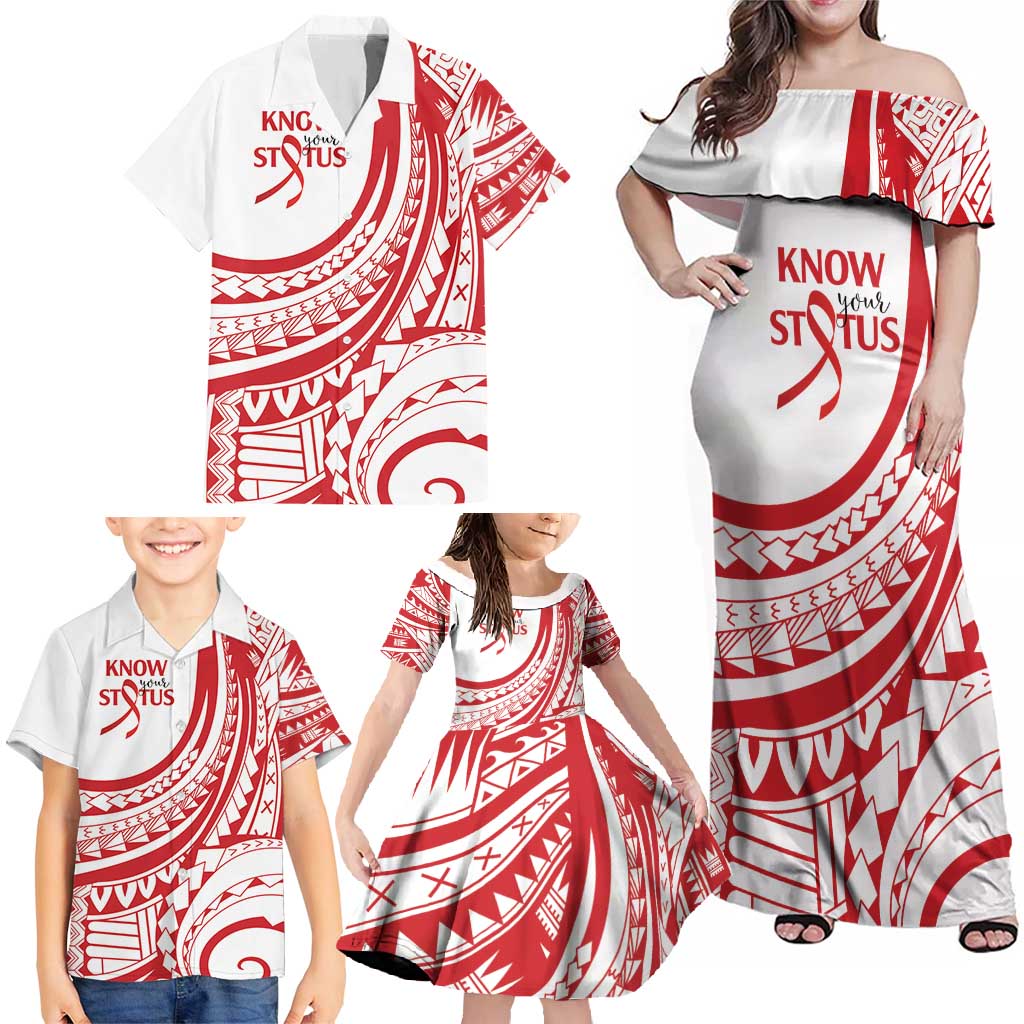 Know Your Status Red Ribbon Personalised Family Matching Off Shoulder Maxi Dress and Hawaiian Shirt Polynesian AIDS Awareness LT9 - Polynesian Pride