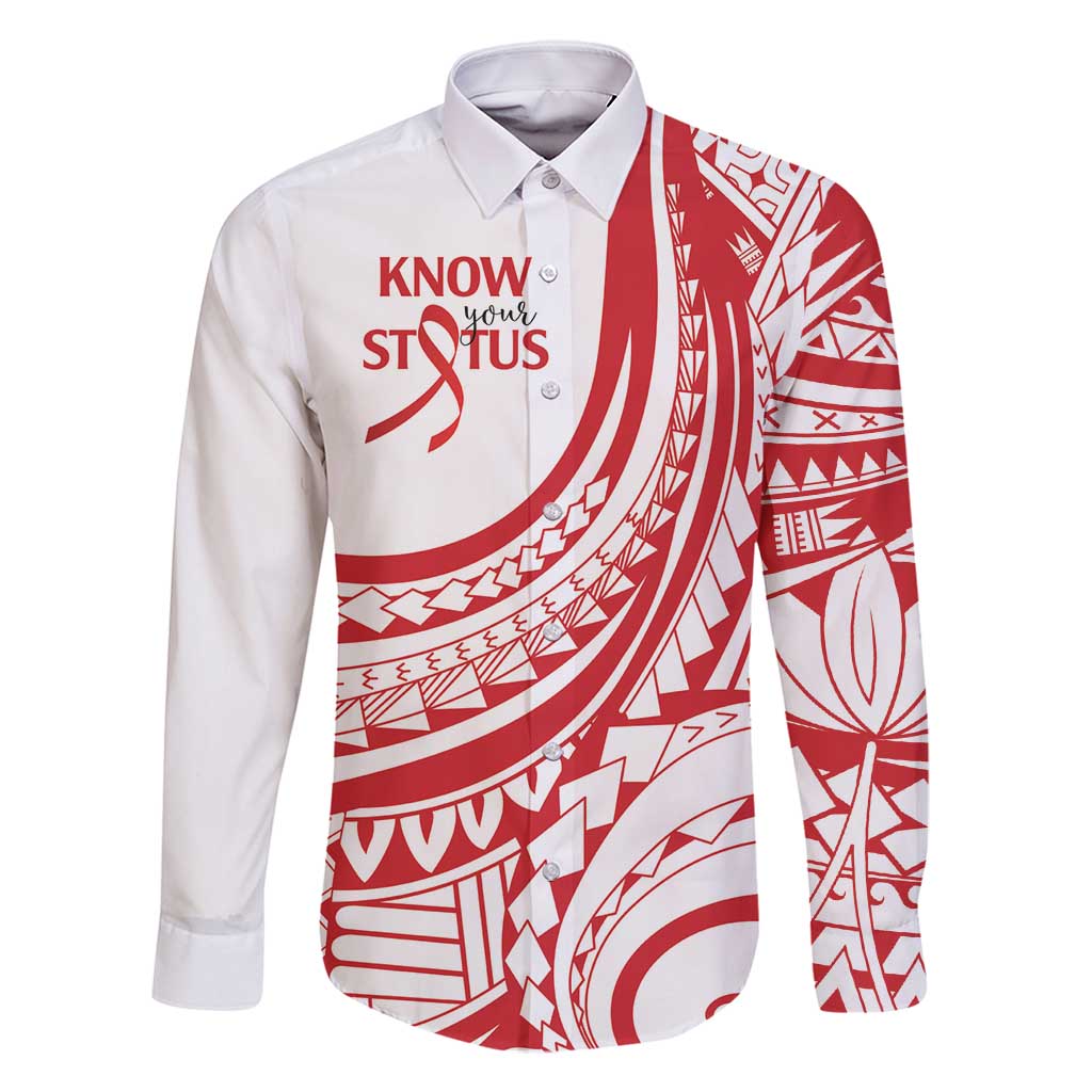 Know Your Status Red Ribbon Personalised Family Matching Off Shoulder Maxi Dress and Hawaiian Shirt Polynesian AIDS Awareness LT9 Dad's Shirt - Long Sleeve Red - Polynesian Pride