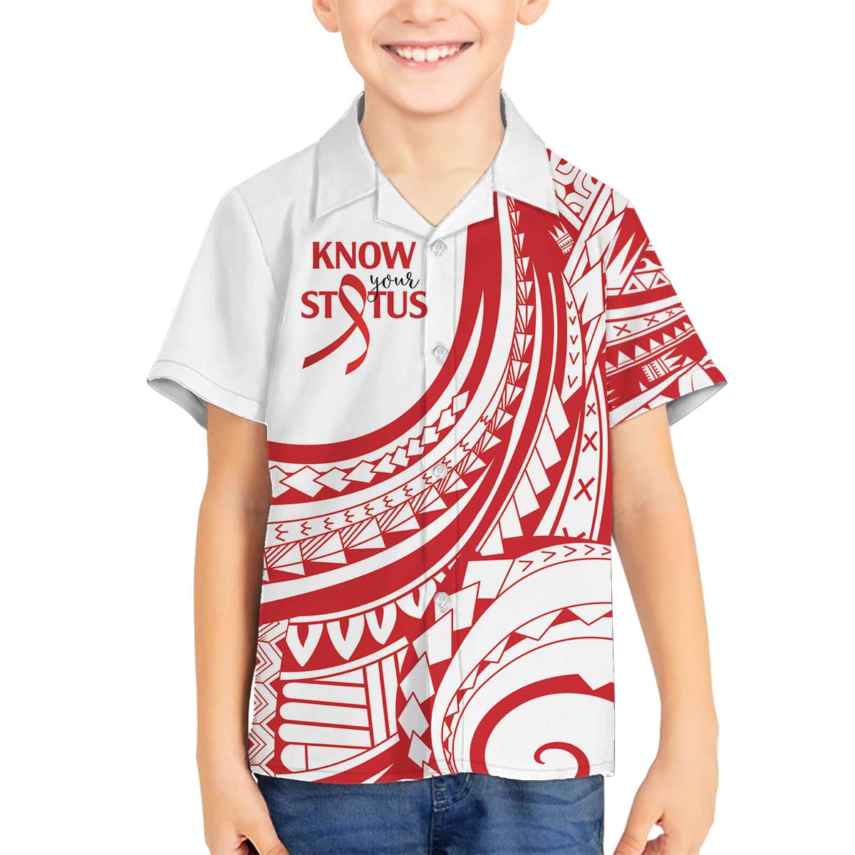 Know Your Status Red Ribbon Personalised Family Matching Off Shoulder Short Dress and Hawaiian Shirt Polynesian AIDS Awareness