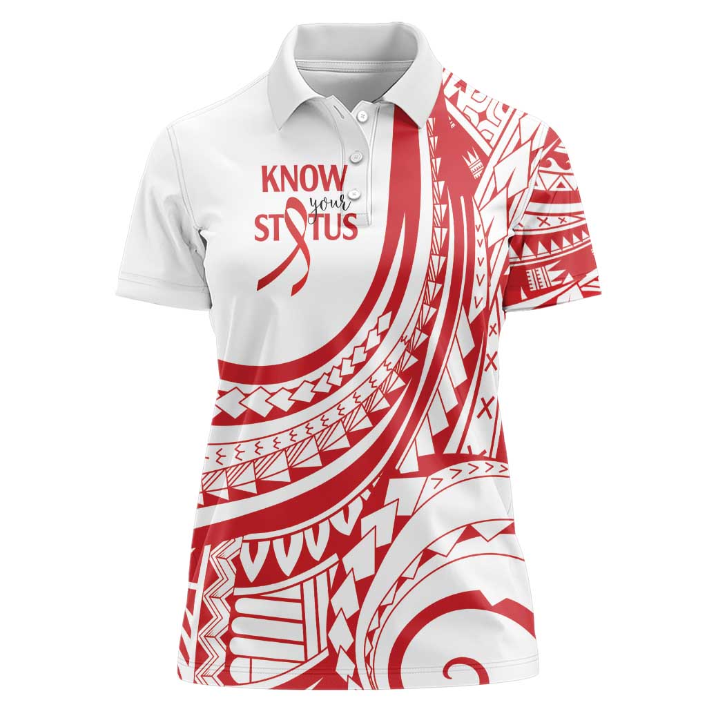 Know Your Status Red Ribbon Personalised Women Polo Shirt Polynesian AIDS Awareness