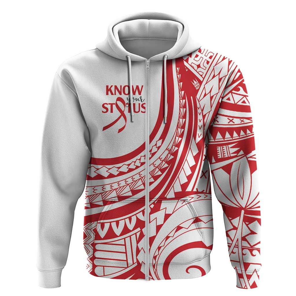 Know Your Status Red Ribbon Personalised Zip Hoodie Polynesian AIDS Awareness LT9 Zip Hoodie Red - Polynesian Pride