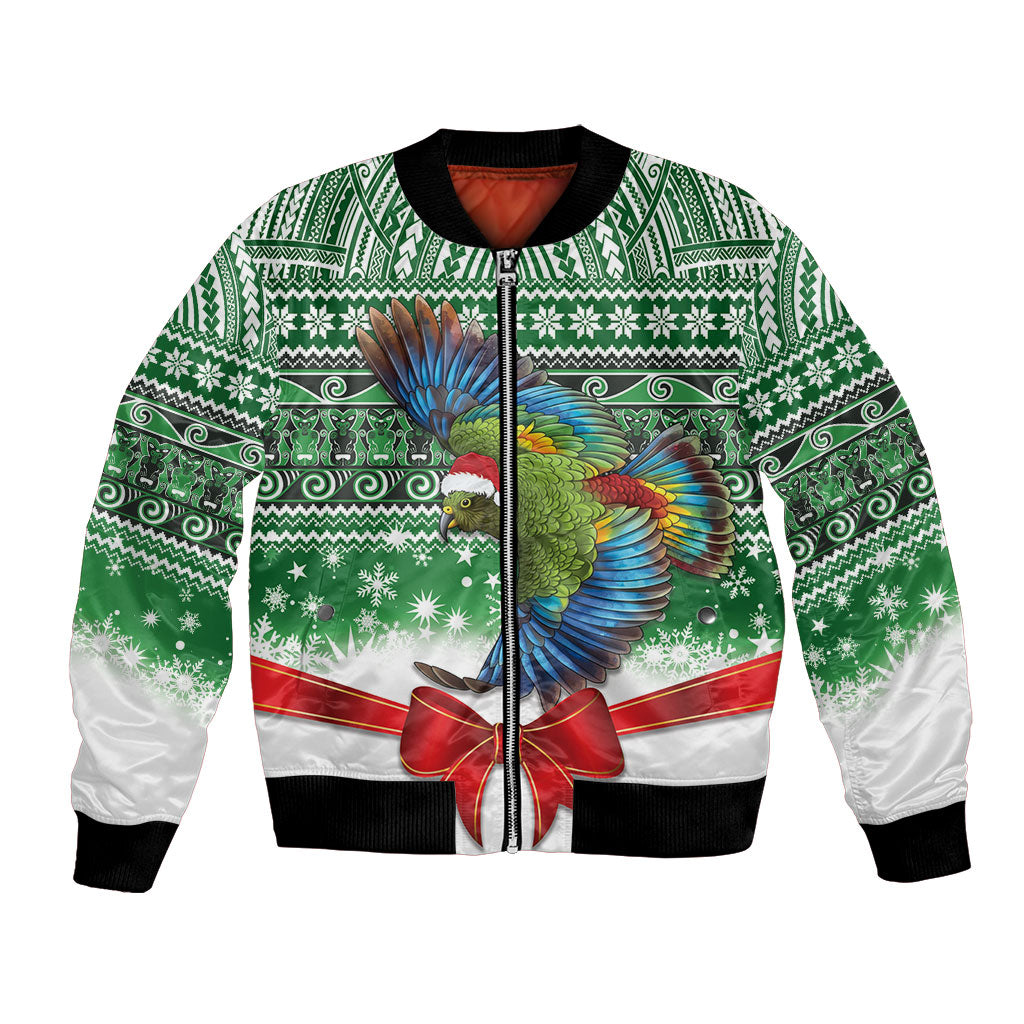 New Zealand Kea Bird Christmas Bomber Jacket Maori Inspired Knitted Patterns LT9 Unisex Green - Polynesian Pride