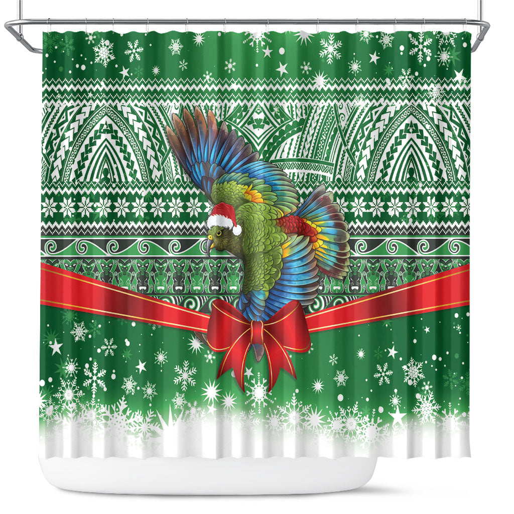 New Zealand Kea Bird Christmas Shower Curtain Maori Inspired Knitted Patterns LT9 Green - Polynesian Pride