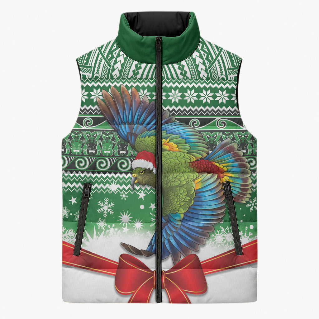 New Zealand Kea Bird Christmas Sleeveless Puffer Jacket Maori Inspired Knitted Patterns LT9 Unisex Green - Polynesian Pride