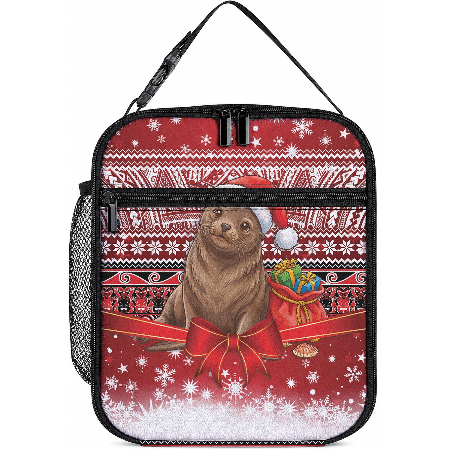 New Zealand Kekeno Seal Christmas Lunch Bag Maori Inspired Knitted Patterns LT9 10.2 × 8.3 × 4.3 inch Red - Polynesian Pride