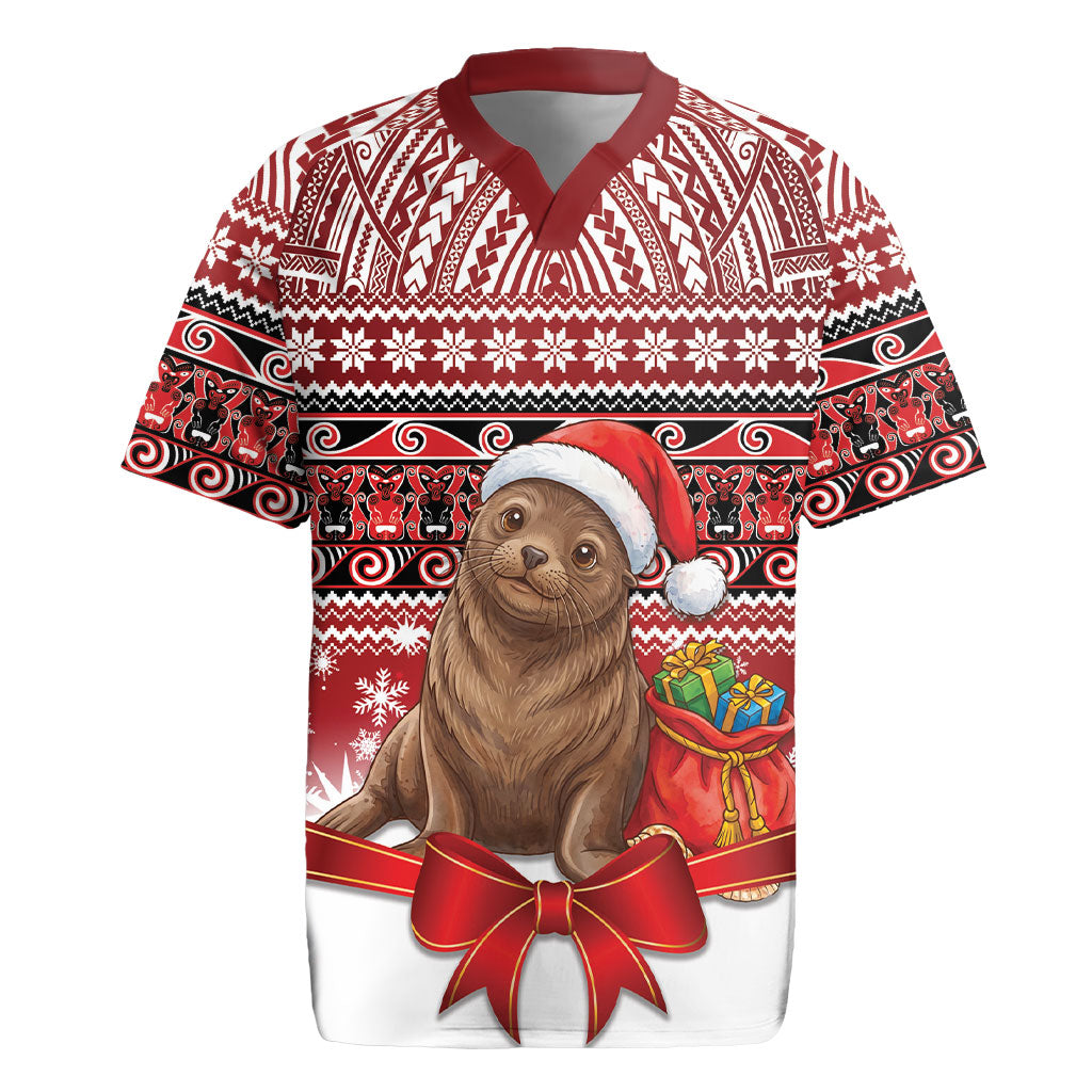 New Zealand Kekeno Seal Christmas Rugby Jersey Maori Inspired Knitted Patterns LT9 Red - Polynesian Pride