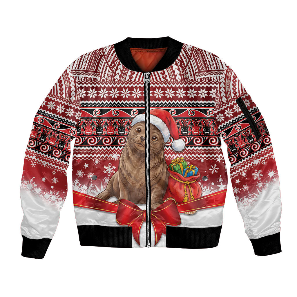 New Zealand Kekeno Seal Christmas Sleeve Zip Bomber Jacket Maori Inspired Knitted Patterns LT9 Unisex Red - Polynesian Pride