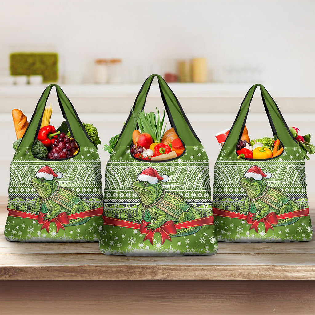 New Zealand Tuatara Christmas Grocery Bag Maori Inspired Knitted Patterns LT9 3-pack One Size Green - Polynesian Pride