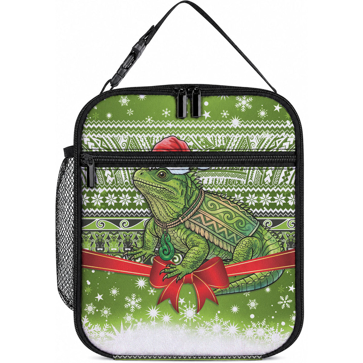 New Zealand Tuatara Christmas Lunch Bag Maori Inspired Knitted Patterns LT9 10.2 × 8.3 × 4.3 inch Green - Polynesian Pride